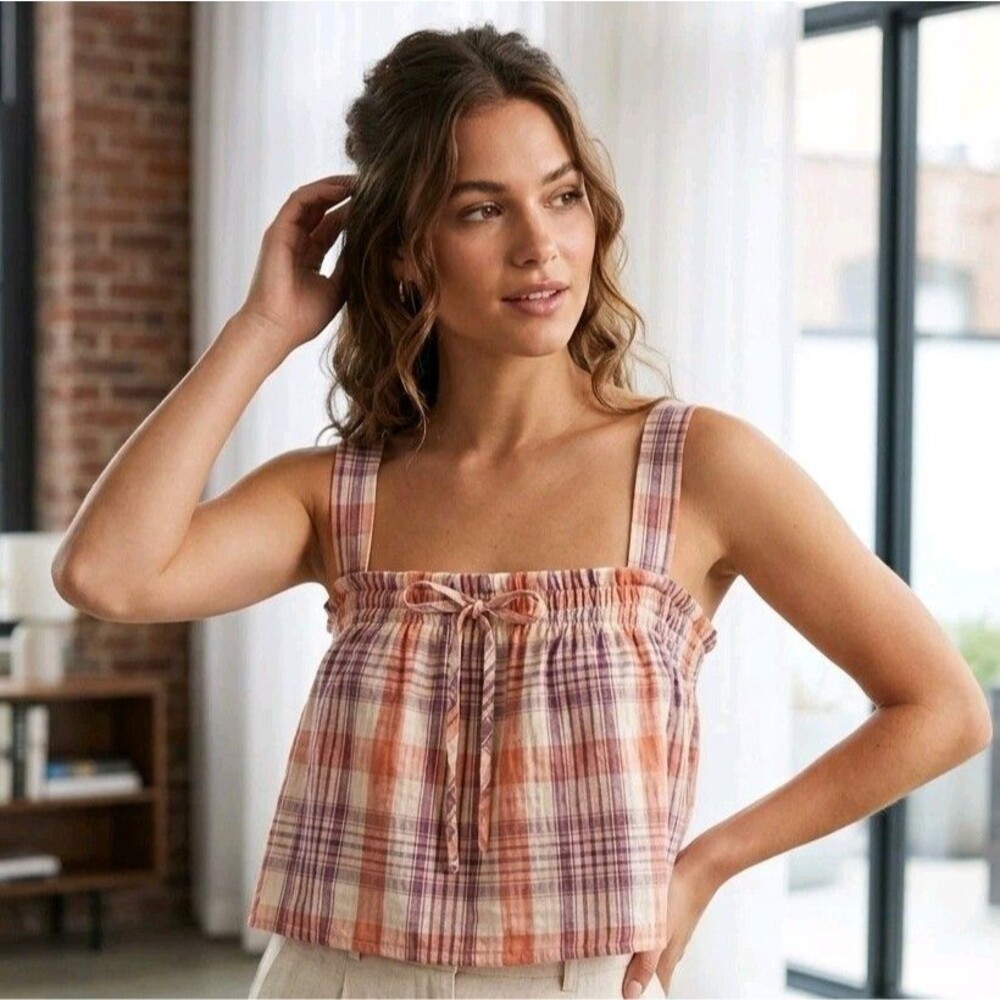 American Eagle Plaid Swing Cami Crop Top Pastel Peach Cotton Linen Blend Medium